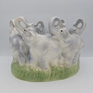 Vintage‎ Ceramic Elephants Marching Bowl Trunks Up Decorative Tabletop Animal